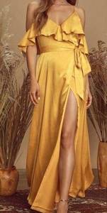 Lulus  Moriah Mustard Yellow Satin Wrap Maxi Dress