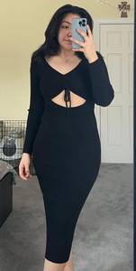 Gathered Front Cutout Long Sleeve Rib Midi Dress