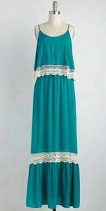 NEW Modcloth Bo Bel Turquoise Teal with White Crochet Lace Trim Maxi Dress Small