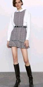 ZARA NWT  Dress sz Small Combined Pinafore Plaid Tweed Mini LS Schoolgirl 90s