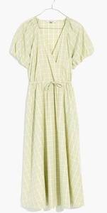 Madewell  Short Sleeve Plaid Tie-Waist Midi Dress Green/White Size XS NWT