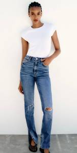 ZARA Full Length Ripped High Rise TRF Slim Fit Straight Leg Jeans