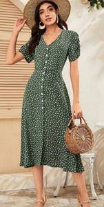 and Kate Boho Green Floral Button Slit Dress