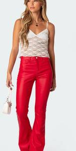 Edikted Red Luna Faux Leather Flare Jeans