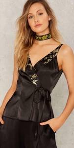 Nasty Gal NEW Satin Embroidered Wrap Top