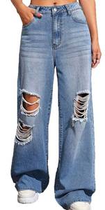 Women's Casual Loose Ripped Denim Pants Distressed Wide Leg Jeans