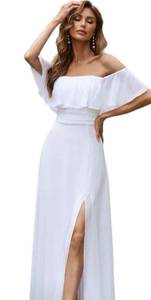 White Ruffle Chiffon Off the shoulder Split Maxi Dress