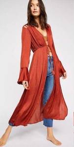 Free People Intimately Free You Wish Rust Satin Robe Tie Front Bell Sleeves M