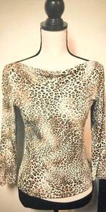 Cheetah Print Fitted Top Blouse: Stretch, 3/4 Sleeves, High Boat Neck, Sz. S