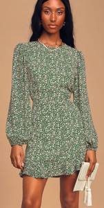 Lulus Green Floral Print Ruffled Long Sleeve Open Back Mini Dress