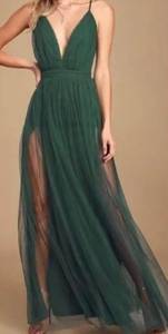 Maniju Women's Tulle Maxi High Slit Maxi Dress Emerald Green Size S