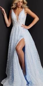Jovani Prom Dress! Light Blue, High Slit, Low V-Neck/ Open Back