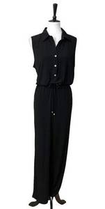 Ellen Tracy Black Button Front Tie Waist Straight Leg Jumpsuit Size Large