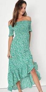 Lulus NWT Lulu’s Fleur-tation Green Floral Off Shoulder Midi Dress