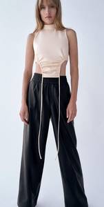 ZARA Black Faux Leather Wide Leg Pants Trousers