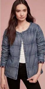 Anthropologie Cloth & Stone Chambray Quilted Plaid-lined Car Coat