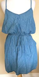 Denim Chambray Cinch Waist Dress with Pockets