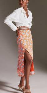 Anthropologie The Lille Side Slit Crepe Midi Skirt Orange Motif Floral