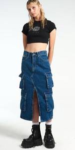 The Ragged Priest Blue 90s Grunge Midi Denim Skirt With Cargo Pockets