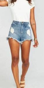 MUMU Blue Wyoming High Waisted Distressed Shorts in Surf Wash Blue 