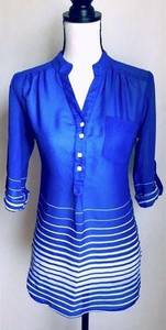 Blue & White Striped Mesh Top: & Swimsuit Cover Up, Loose Fit, 3/4 Sleeve, Sz. S