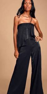 Raven Black Satin Strapless Wide Leg Jumpsuit