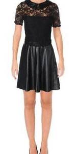 Black Faux Leather Lace Short Sleeves Party Dress