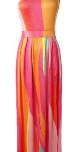 Rainbow Pink and Yellow Off Shoulder Party Maxi Dress SZ L 