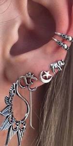 🍒14PC CELTIC EARRINGS BOHEMIAN TRIBAL BOHO CHIC MOON BEAD SILVER HOOPS