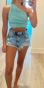 Aqua One Shoulder Crop Top