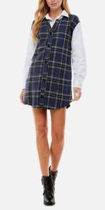 NWT CITY STUDIO Womens Gray Plaid Long Sleeve Collared Mini Shirt Dress