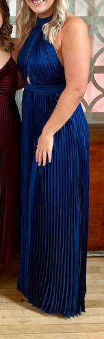 Lulus Navy Satin Pleated Halter Dress