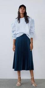 Zara Blue Satin Effect Pleated Midi Skirt XS