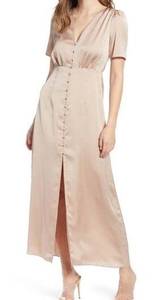 Leith satin button front maxi dress beige champagne front slit cap puff sleeve