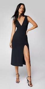 Black Deep V Midi Dress