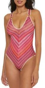 Becca Rainbow Sunset Metallic StripeOne Piece Swimsuit Pink Size M NWT