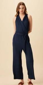 Amour Vert Agnes Modal Dream Knit Wrap Halter Wide Leg Jumpsuit Ocean Navy Blue