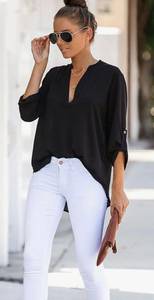 Black V Neck Casual Business Tunic Shirt