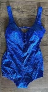 Vintage Maxine of Hollywood Blue Geometric Print One Piece Swimsuit Women's 14
