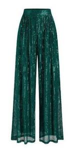 Sequins Mid Waist Straight Leg Trousers Emerald Green Large New