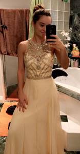 Champagne beaded designer prom dress