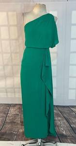 BCBGMaxazria Kendal One Shoulder Ruffle Side Slit Evening Gown Green Size 0