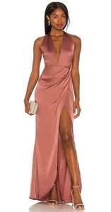 Nookie Stella Satin Plunge Gown in Mocha XS NWT Sleeveless Maxi Halter