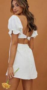 NEW Here Comes the Sun Norma Puff Sleeve Cutout Back Mini Dress White NWT