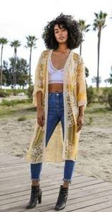 Boutique Mama Mai Yellow Sheer Lace Embroidered Kimono Duster Coverup