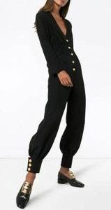 Gucci Alione V-neck Long Sleeve Jumpsuit Wool Silk Blend Gold Buttons Black 36