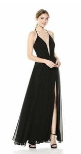 Betsy and Adam  Women's Black V-Neck Lace Up Slit Front Open Back Gown Size 0 $279