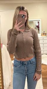 Brown Zip Up Cropped Sweater