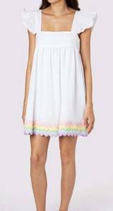 NWT NEW Juliet Dunn White Cotton Baby Doll Dress with Rainbow Ric Rac Trim