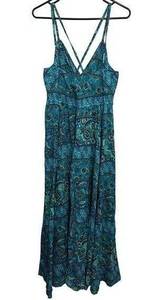 NEW Cherokee Dress Maxi Paisley Blue Beaded Cotton Sleeveless Spaghetti Straps